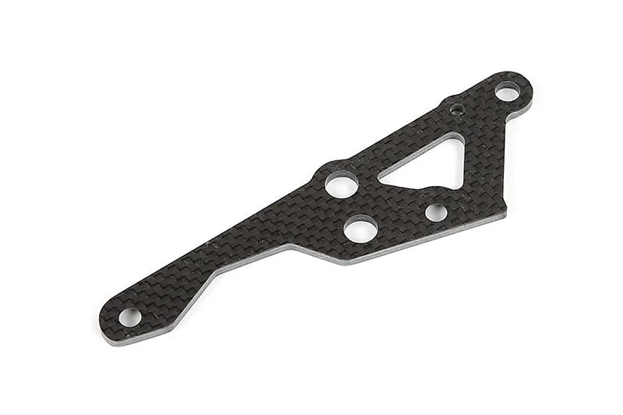 A flat, carbon fibre engine mount brace for an RC car with a triangular cutout and several mounting holes.