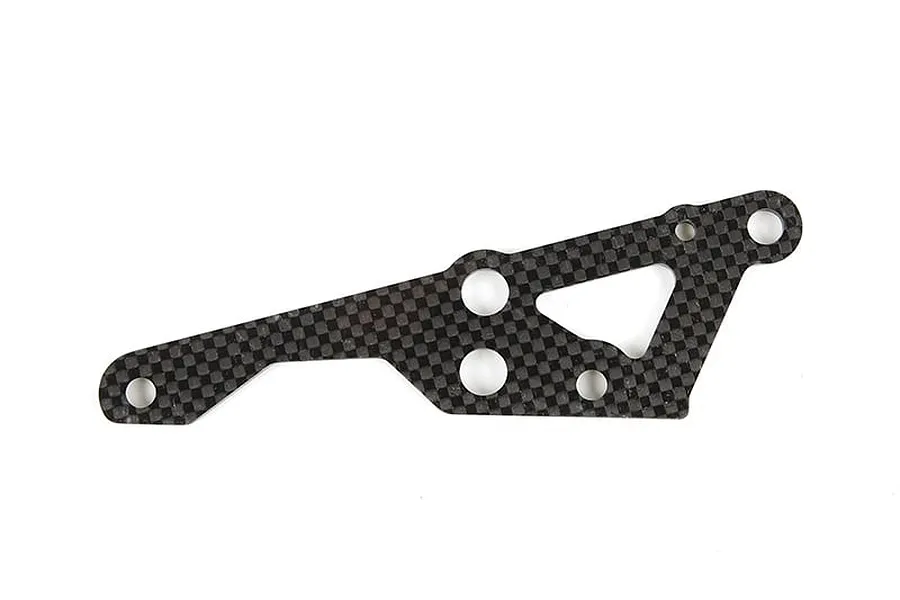 A flat, carbon fibre engine mount brace for an RC car, featuring a checkered weave pattern and multiple mounting holes.