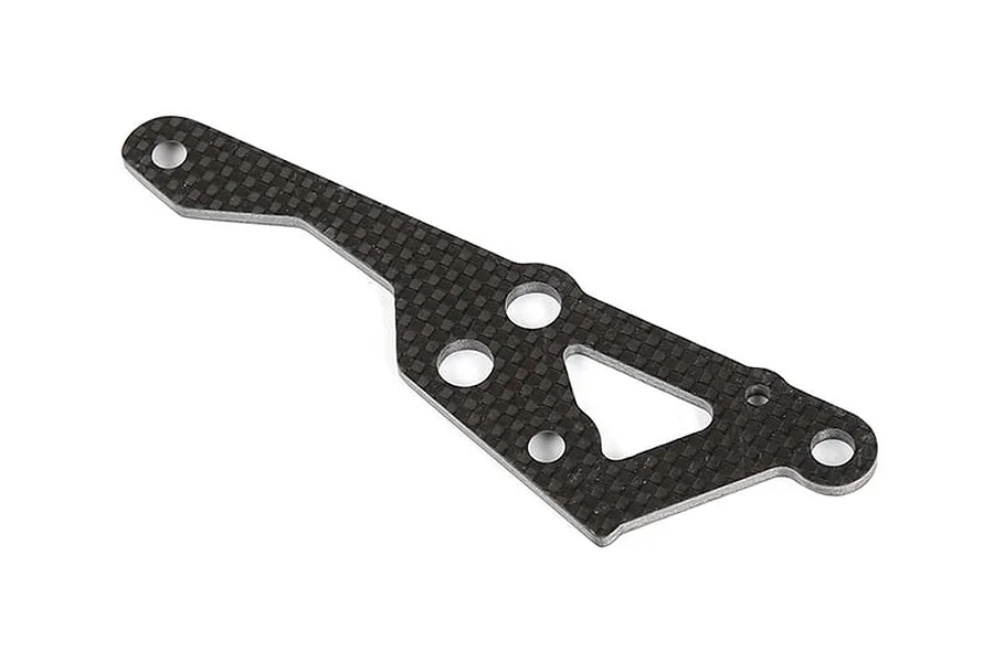 A flat, carbon fibre engine mount brace for an RC car, featuring a woven pattern and multiple mounting holes.