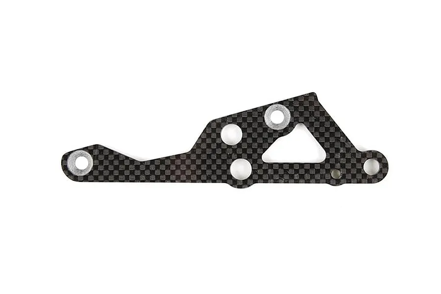 A flat, carbon fibre engine mount brace for an RC vehicle, featuring a checkered weave pattern and multiple mounting holes with metal inserts.