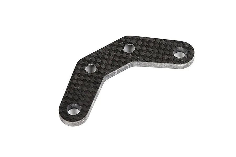 A V-shaped carbon fibre suspension pin brace for an RC vehicle, featuring a woven pattern and four mounting holes.