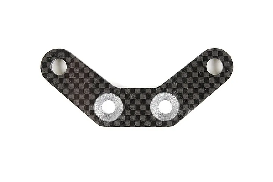 A V-shaped carbon fibre suspension pin brace with four mounting holes, two of which have silver metal inserts.