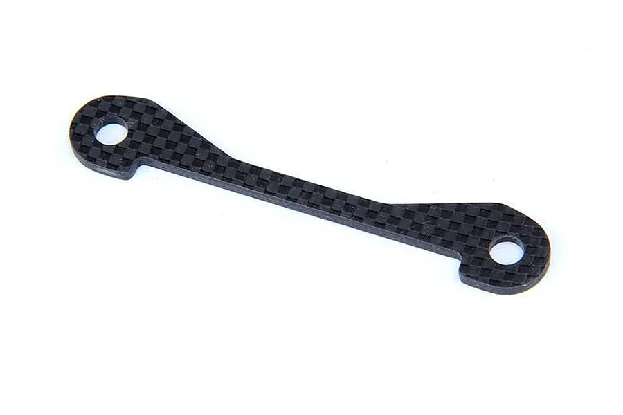A flat, carbon fibre rear lower suspension arm pin brace for an RC car, featuring a woven pattern and two mounting holes.