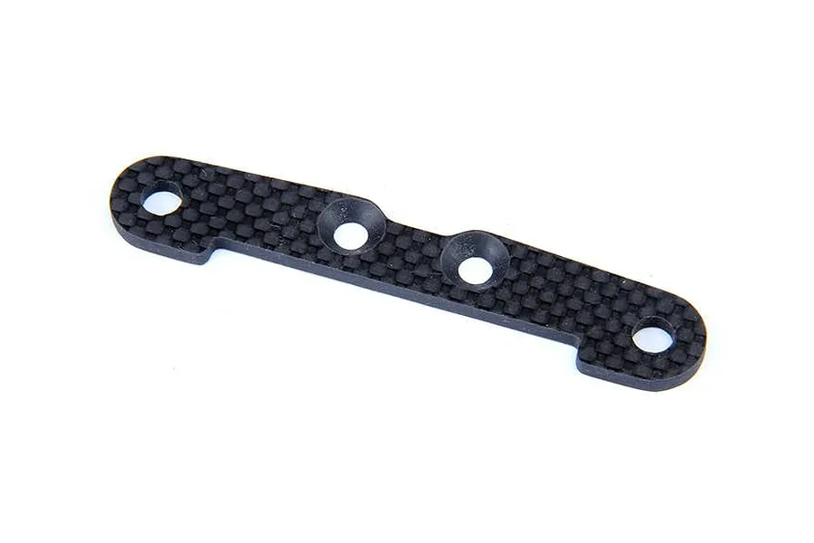 A flat, rectangular carbon fibre suspension arm pin brace with four circular mounting holes, isolated on a white background.