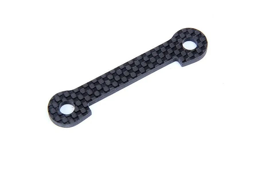 A flat, rectangular carbon fibre suspension arm pin brace with rounded ends and a hole in each end, isolated on a white background.