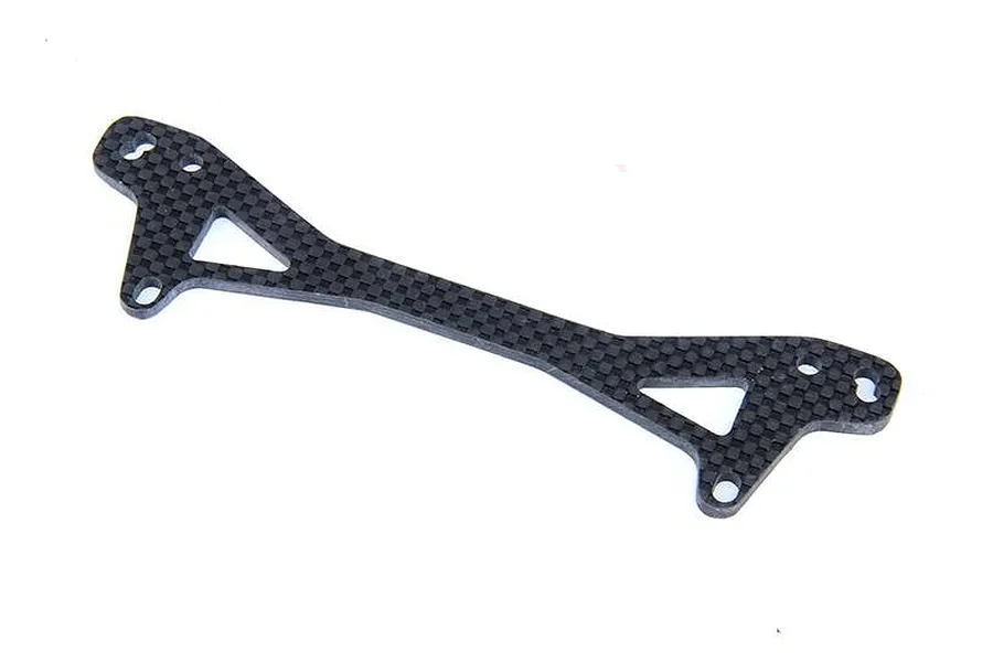 A black carbon fibre rear shock tower brace for an RC car, featuring a woven pattern and multiple mounting holes.