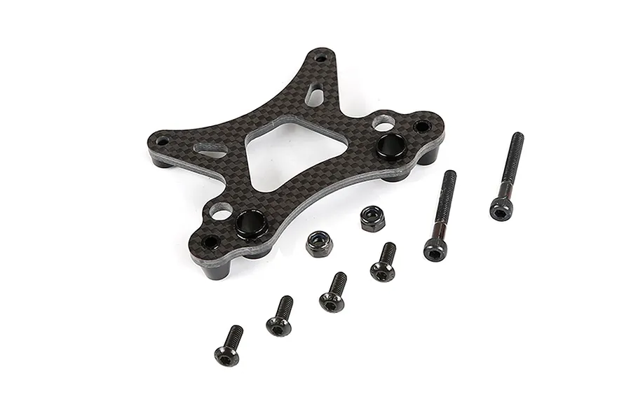 A Rovan carbon fibre front shock tower with included mounting hardware, including screws and nuts, isolated on a white background.