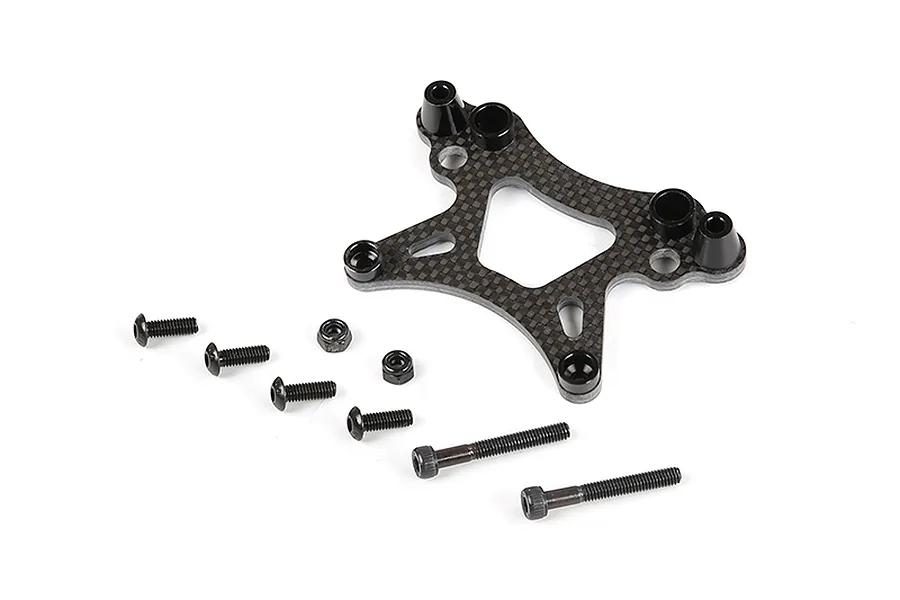 A Rovan carbon fibre front shock tower with included mounting hardware, including screws and nuts, isolated on a white background.