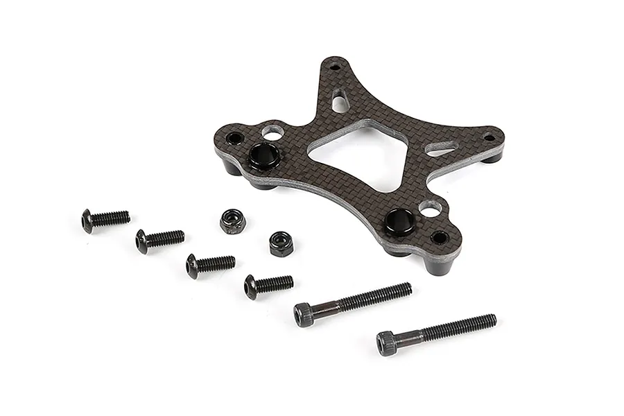 Rovan carbon fibre front shock tower with included mounting screws and nuts on a white background.