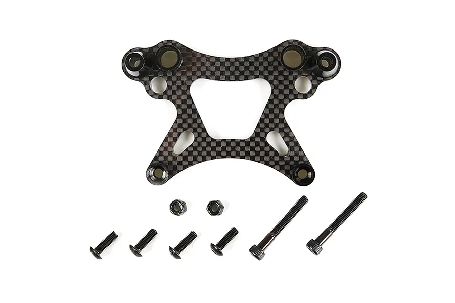 Rovan carbon fibre front shock tower with included mounting hardware, including screws and nuts, on a white background.