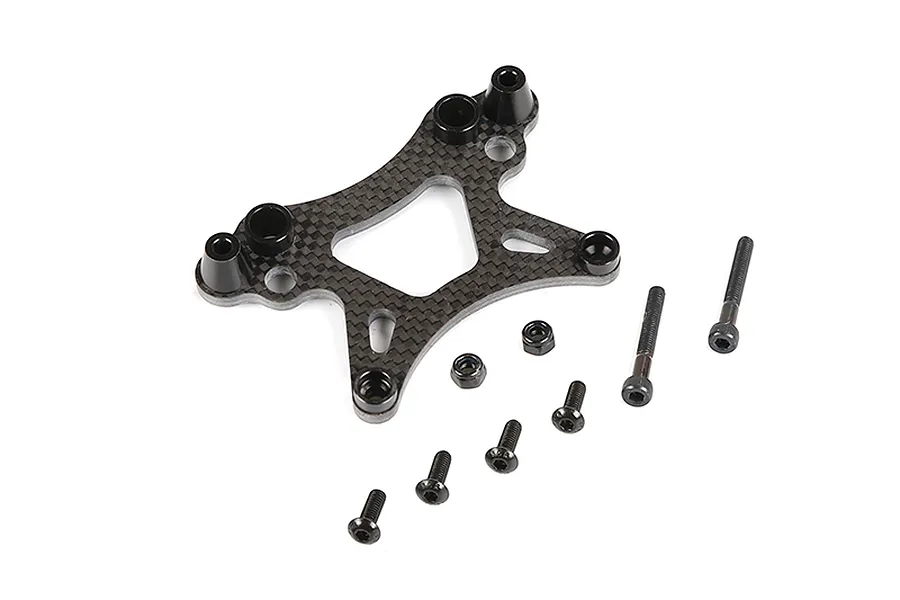 Rovan carbon fibre front shock tower with black metal mounting hardware including screws and nuts on a white background.