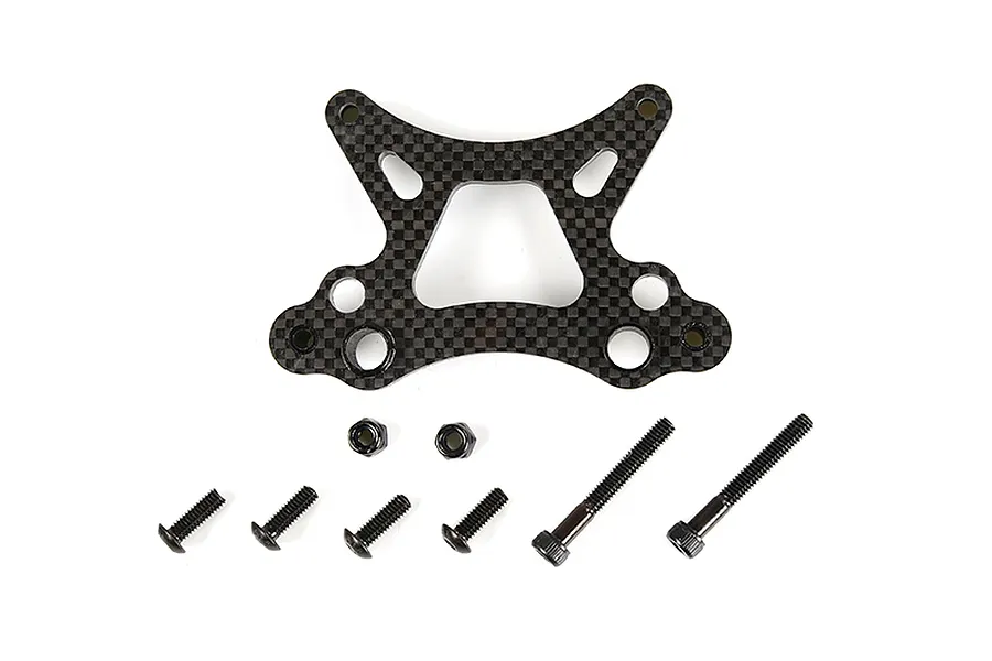 Rovan carbon fibre front shock tower with included mounting hardware including screws and nuts on a white background.