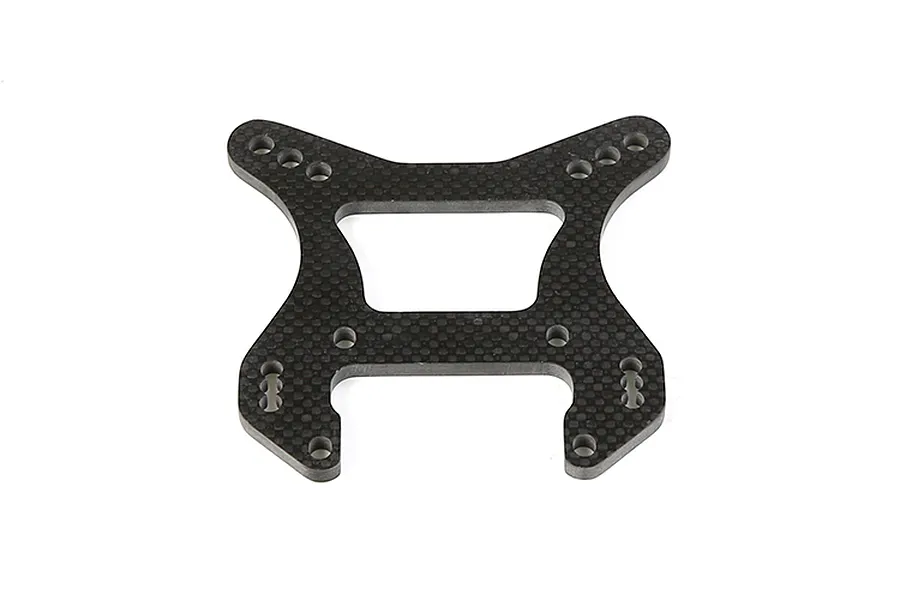 A flat, carbon fibre front shock tower for an RC vehicle, featuring a symmetrical design with multiple mounting holes.