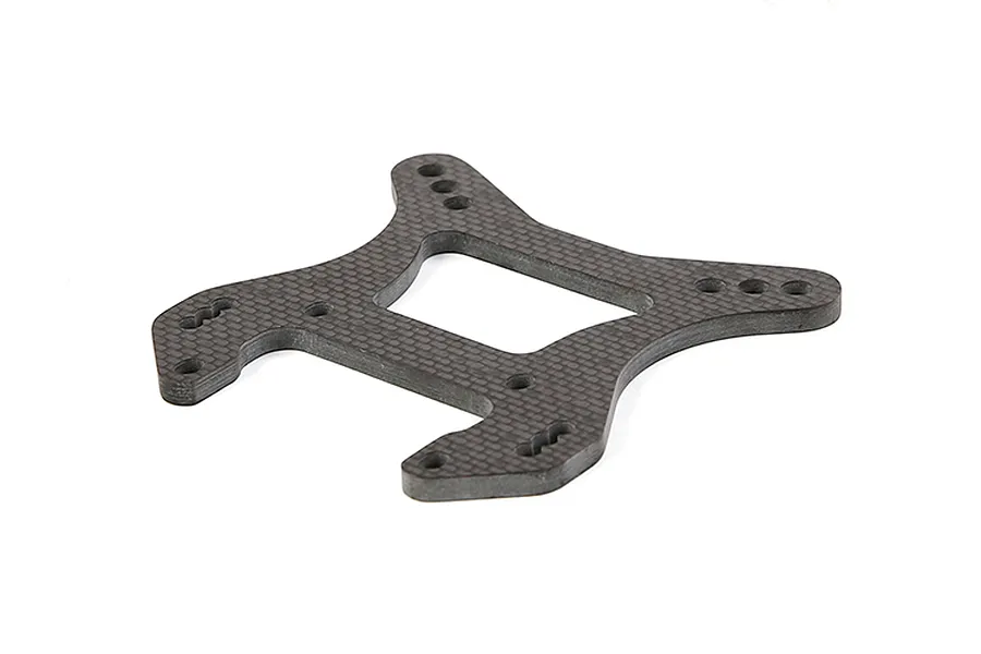 A flat, H-shaped carbon fibre RC front shock tower with multiple mounting holes, shown against a plain white background.