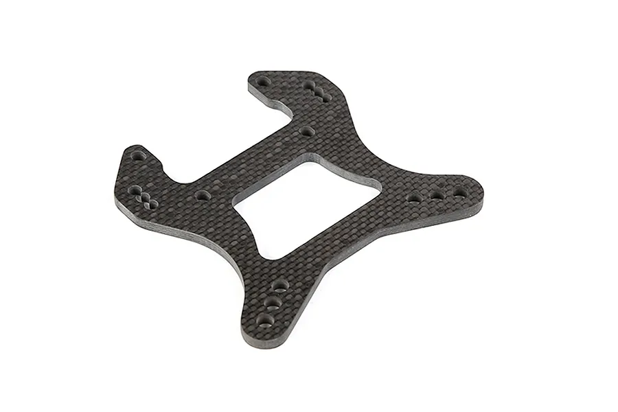 A flat, carbon fibre RC front shock tower with multiple mounting holes, shown from an angled perspective against a white background.