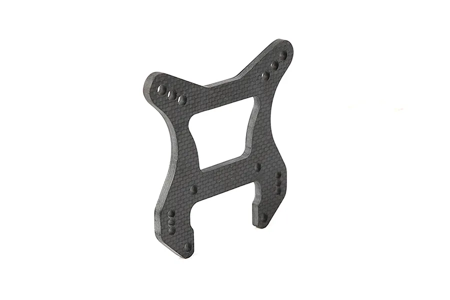 A flat, carbon fibre RC front shock tower with multiple mounting holes, shown against a plain white background.