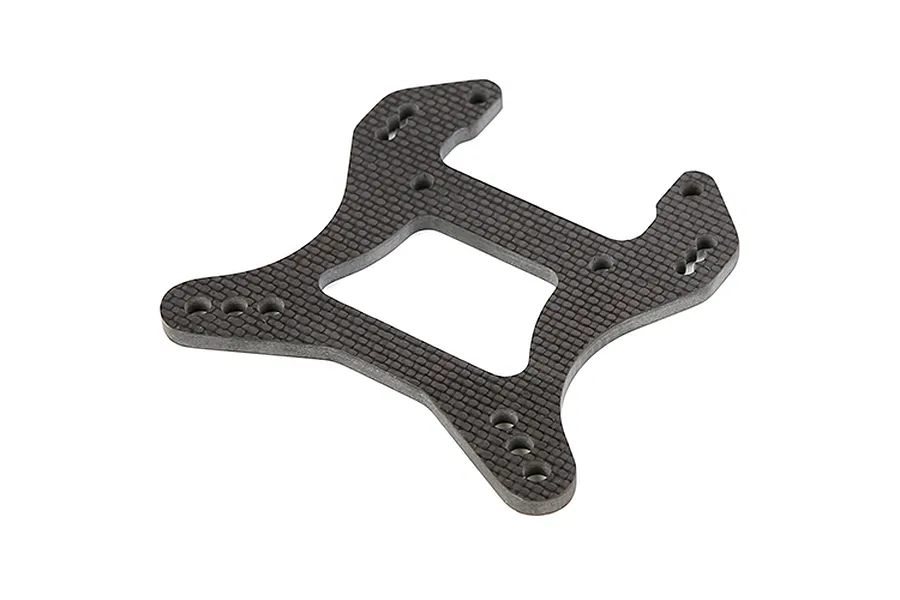 A flat, carbon fibre RC front shock tower with multiple mounting holes, shown from an angled perspective against a white background.
