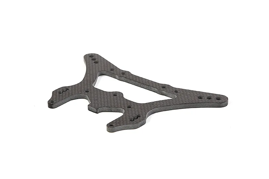 A flat, carbon fibre rear shock tower for an RC car, featuring a complex geometric shape with multiple mounting holes, isolated on a white background.