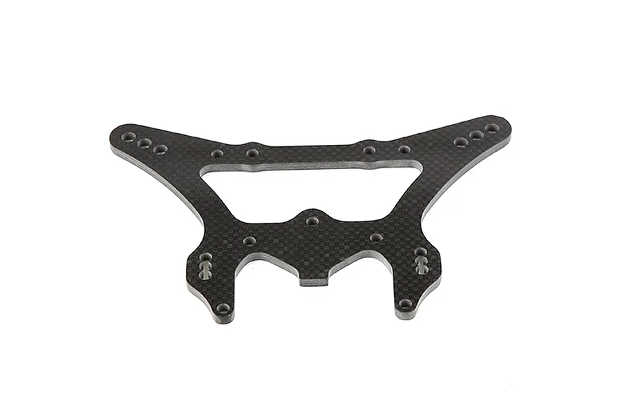 A flat, carbon fibre rear shock tower for an RC car with multiple mounting holes, isolated on a white background.