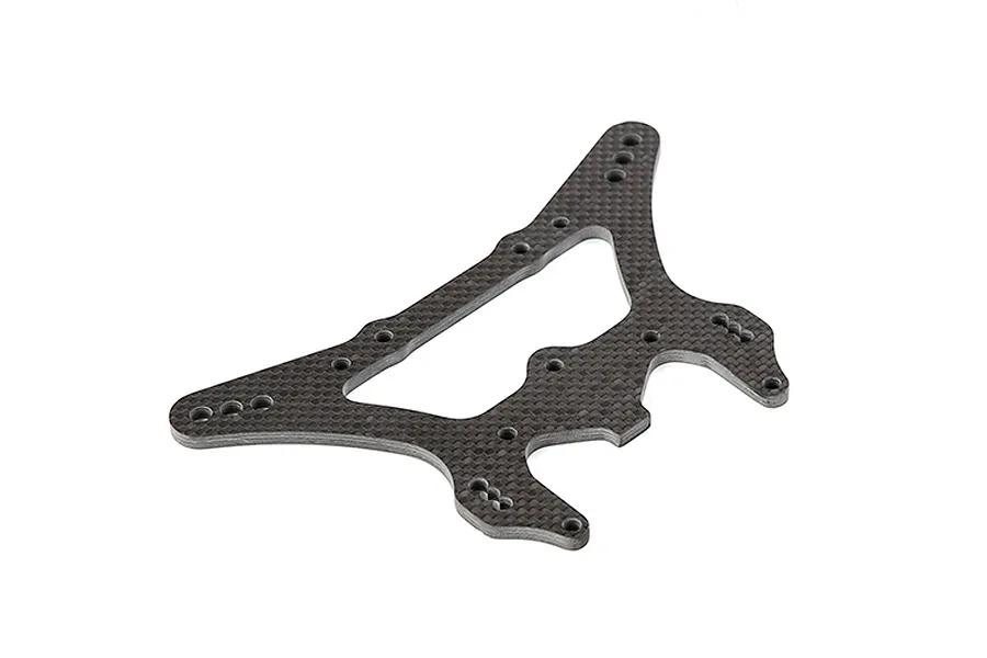 A flat, carbon fibre RC rear shock tower with multiple mounting holes, shown from an angled perspective against a white background.