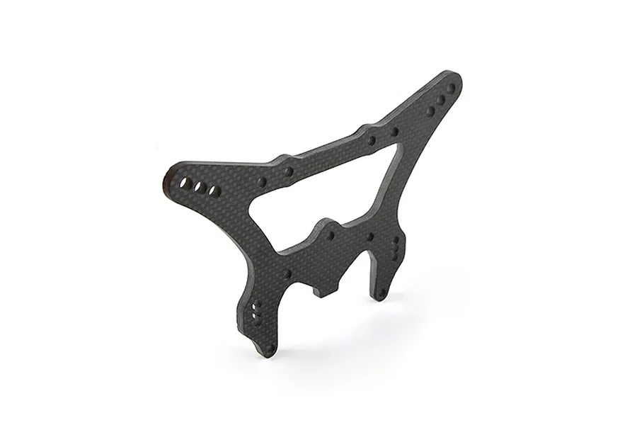 A Rovan carbon fibre rear shock tower for an RC car, featuring a flat, angular design with multiple mounting holes.