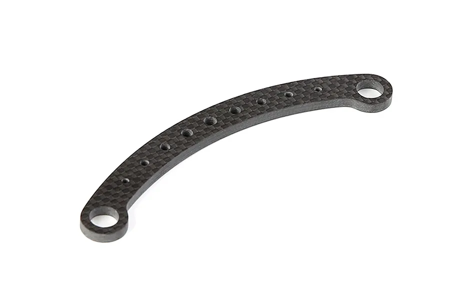 A curved carbon fibre steering connecting plate with multiple mounting holes, isolated on a white background.