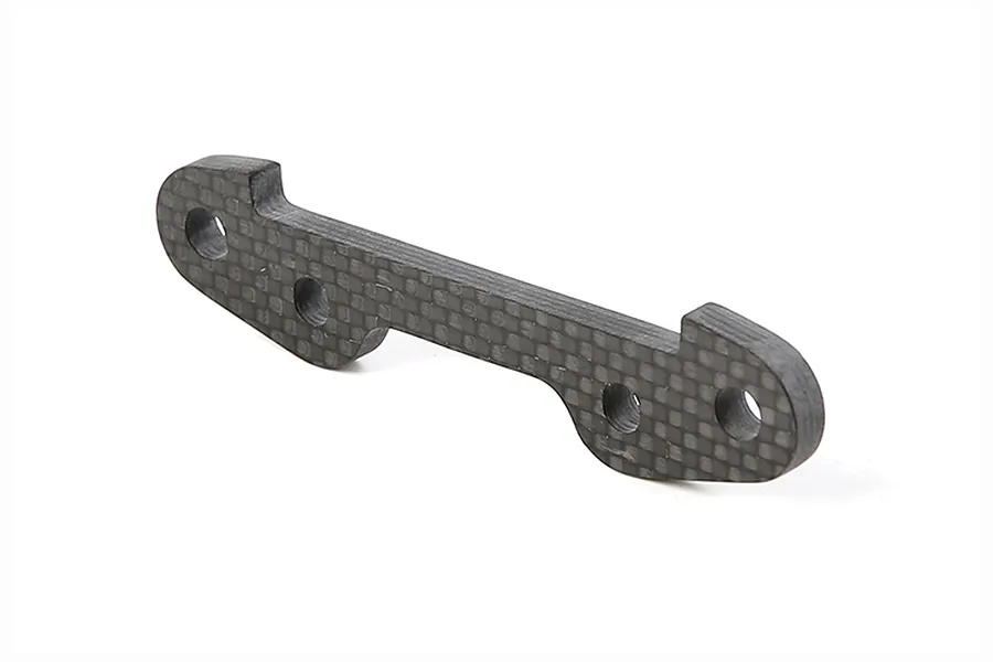 A Rovan carbon fibre front lower suspension arm pin brace for RC cars, featuring a woven pattern and four mounting holes.