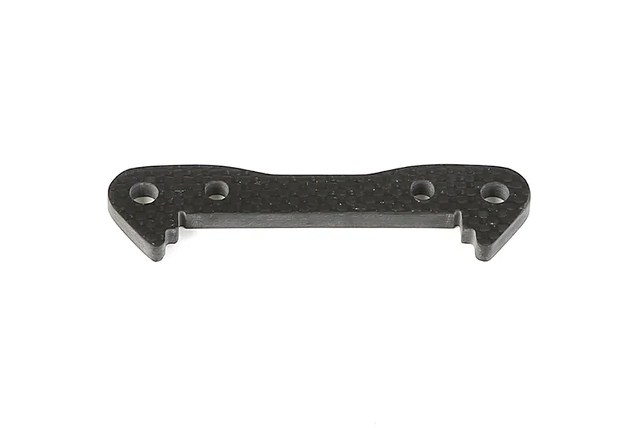 A Rovan carbon fibre front lower suspension arm pin brace featuring a flat, rectangular design with four mounting holes and notched ends.