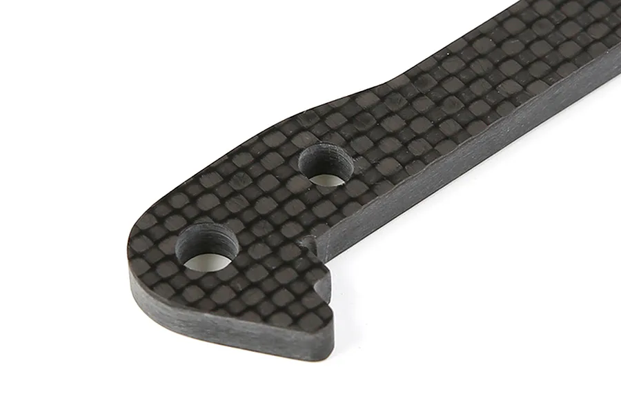 Close-up of a carbon fibre suspension arm brace with two mounting holes against a white background.