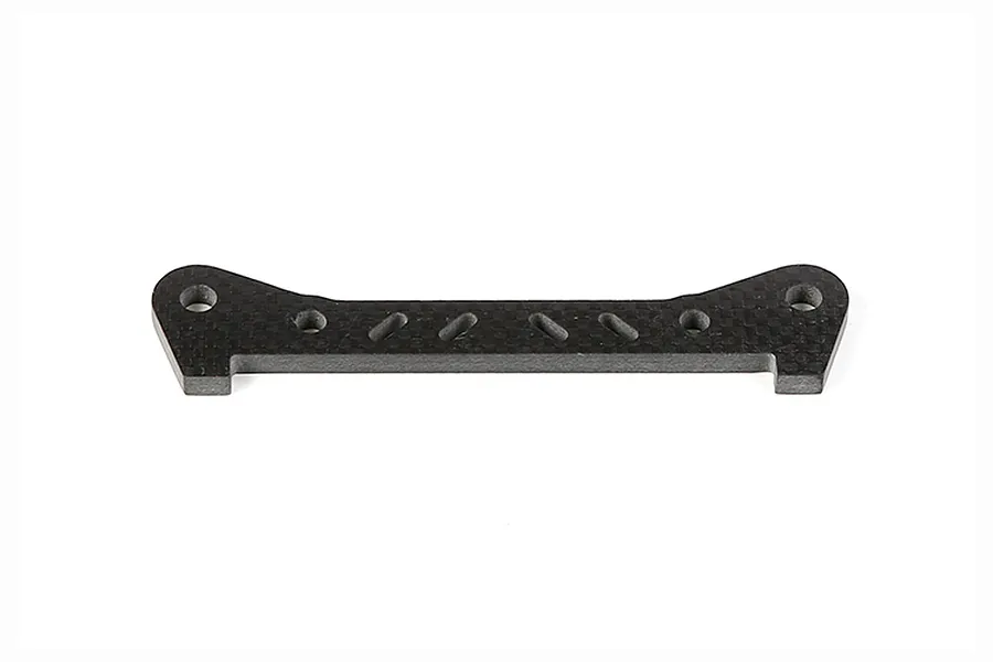A flat, carbon fibre RC suspension arm brace with a checkered weave pattern and multiple mounting holes, isolated on a white background.