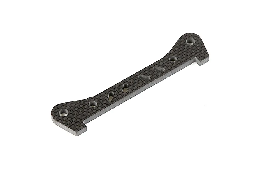 A Rovan carbon fibre rear lower suspension arm pin brace for RC vehicles, featuring a woven pattern and multiple mounting holes.