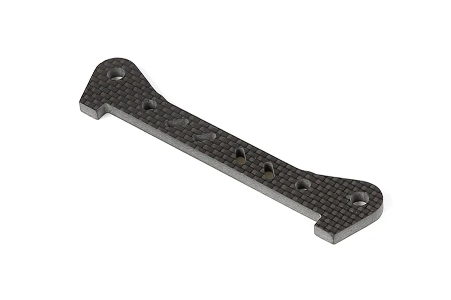 A Rovan carbon fibre rear lower suspension arm pin brace for RC vehicles, featuring a flat, rectangular design with mounting holes and slots.