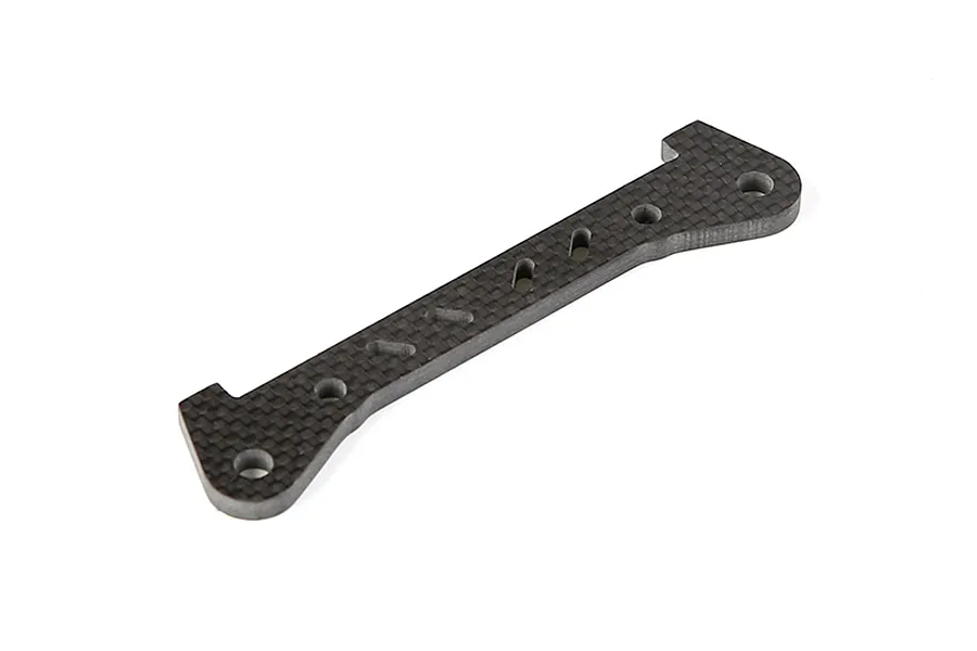 A carbon fibre rear lower suspension arm pin brace for an RC car, featuring a woven pattern and multiple mounting holes.