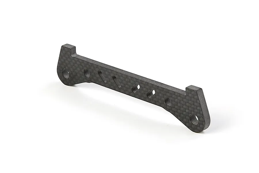 A carbon fibre rear lower suspension arm pin brace for an RC car, featuring a flat, elongated design with multiple mounting holes.