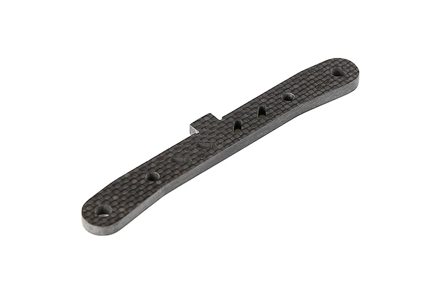 A Rovan carbon fibre rear lower suspension arm pin brace for RC cars, featuring a woven texture and multiple mounting holes.