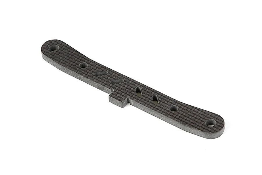 A Rovan carbon fibre rear lower suspension arm pin brace featuring a flat, elongated design with multiple mounting holes and a central tab.
