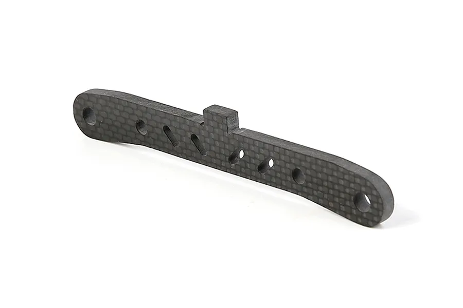 A single Rovan carbon fibre rear lower suspension arm pin brace featuring a flat, elongated design with multiple mounting holes and a central tab.