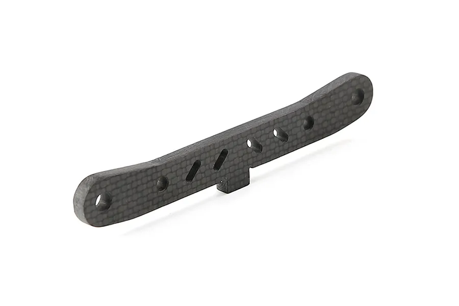 A curved carbon fibre suspension arm brace with multiple mounting holes and slots, isolated on a white background.