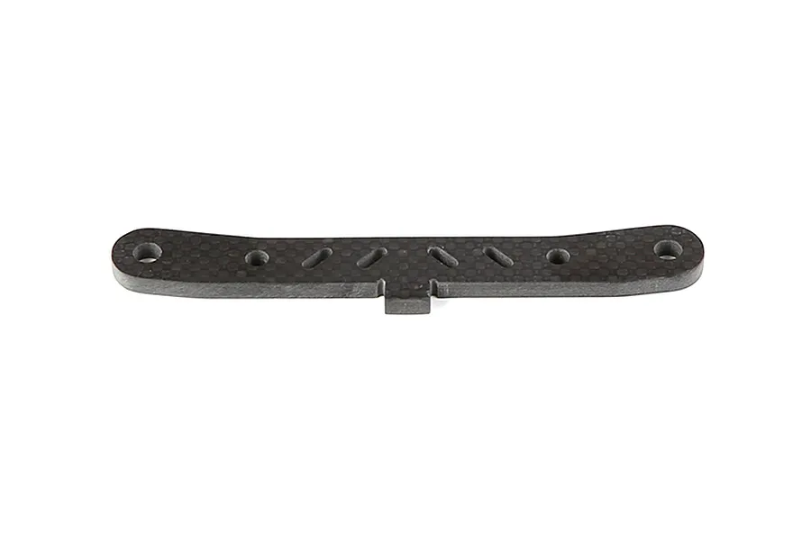 A Rovan carbon fibre rear lower suspension arm pin brace for RC vehicles, featuring a flat, curved design with multiple mounting holes.