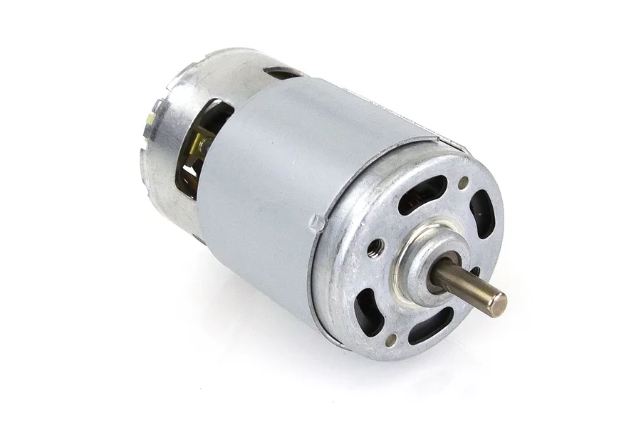A silver 775-sized brushed DC electric motor for RC vehicles, shown from a front-quarter angle against a white background.