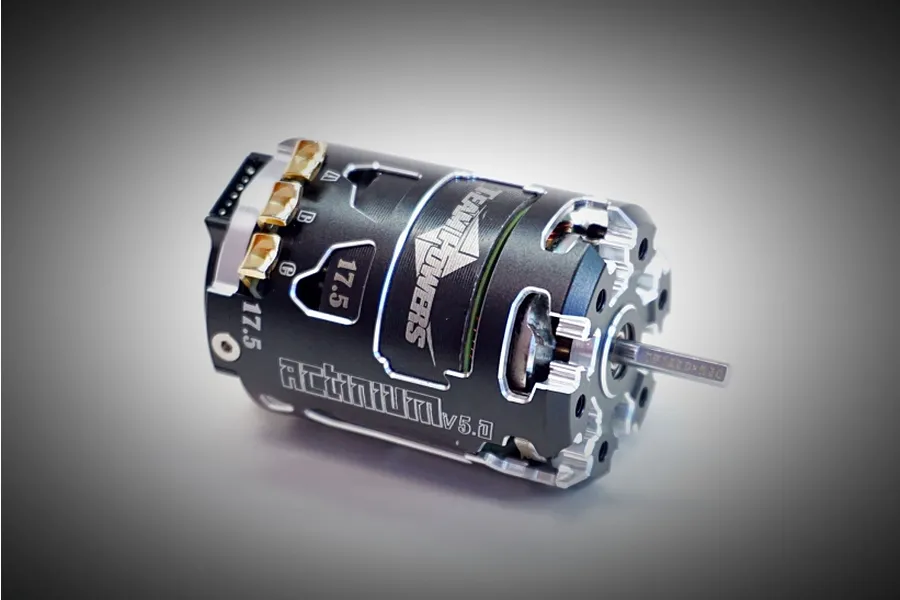 Team Powers Actinium V5 17.5T sensored brushless RC motor in black with silver accents, shown from a side-angle view.