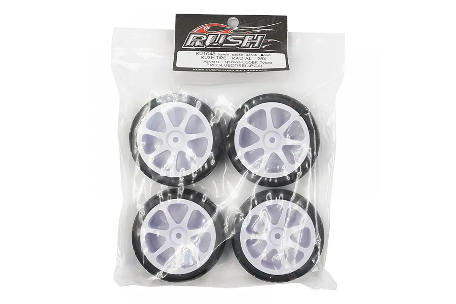 Rush 1.9&amp;quot; Radial 28X Touring Car Tyres on White 7 Spoke Rims - Glued Wheels 2Pcs image 129300