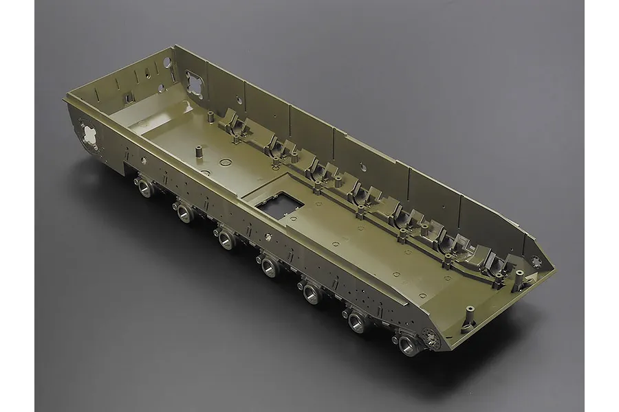 Olive green plastic lower hull chassis for a 1/16 scale Tamiya Leopard 2 A7V RC tank kit.