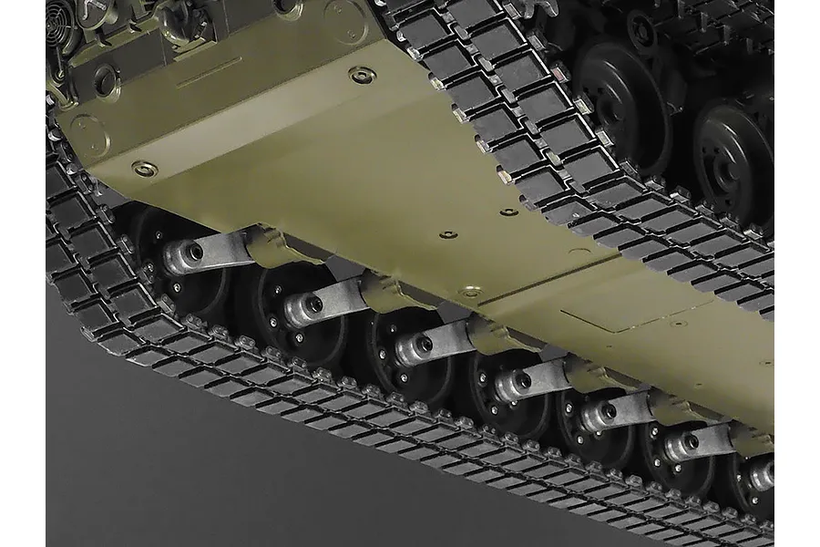 Close-up view of the underside, suspension, and tracks of a Tamiya Leopard 2 A7V RC tank model.