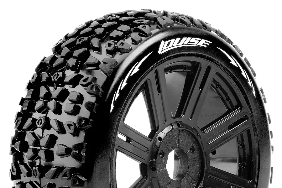 A close-up studio shot of a Louise B-Mazinger RC buggy tyre pre-glued to a black multi-spoke plastic rim with white branding on the sidewall.