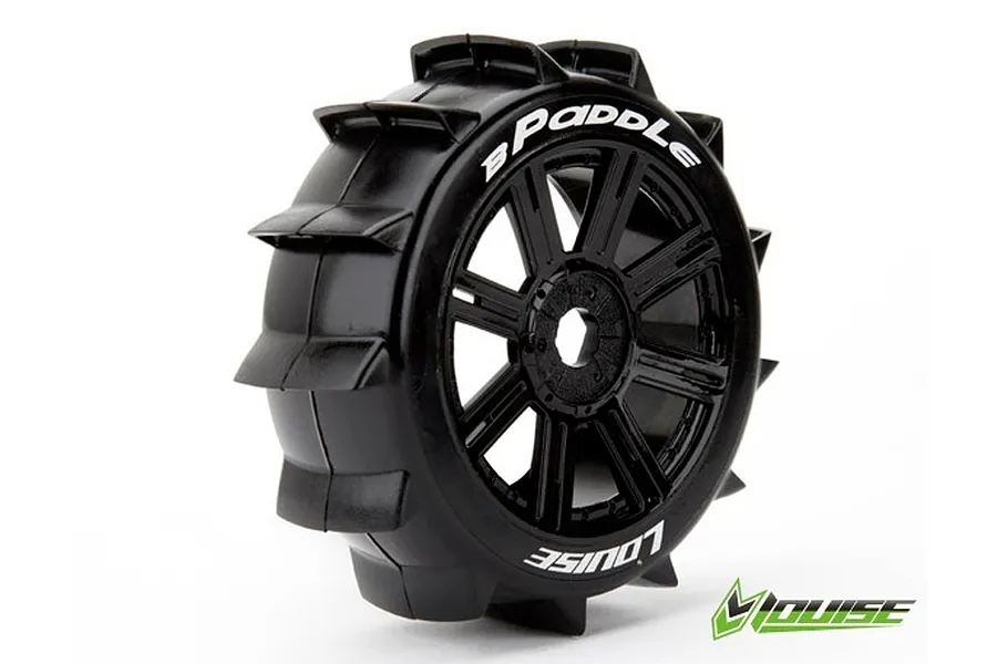 A single Louise 1/8 scale B-Paddle sand tyre mounted on a black multi-spoke RC wheel against a white background.
