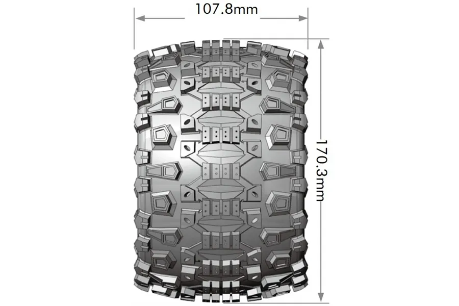 Technical diagram showing the dimensions of a Louise MT-Uphill RC monster truck tire, with a width of 107.8mm and a diameter of 170.3mm.