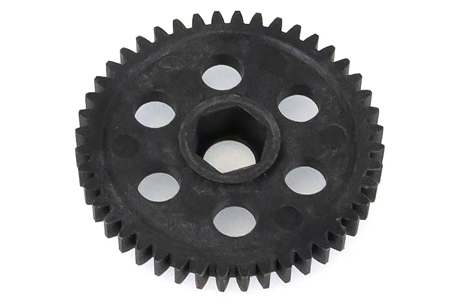 A black plastic spur gear with a hexagonal center hole and six circular weight-reduction holes, isolated on a white background.