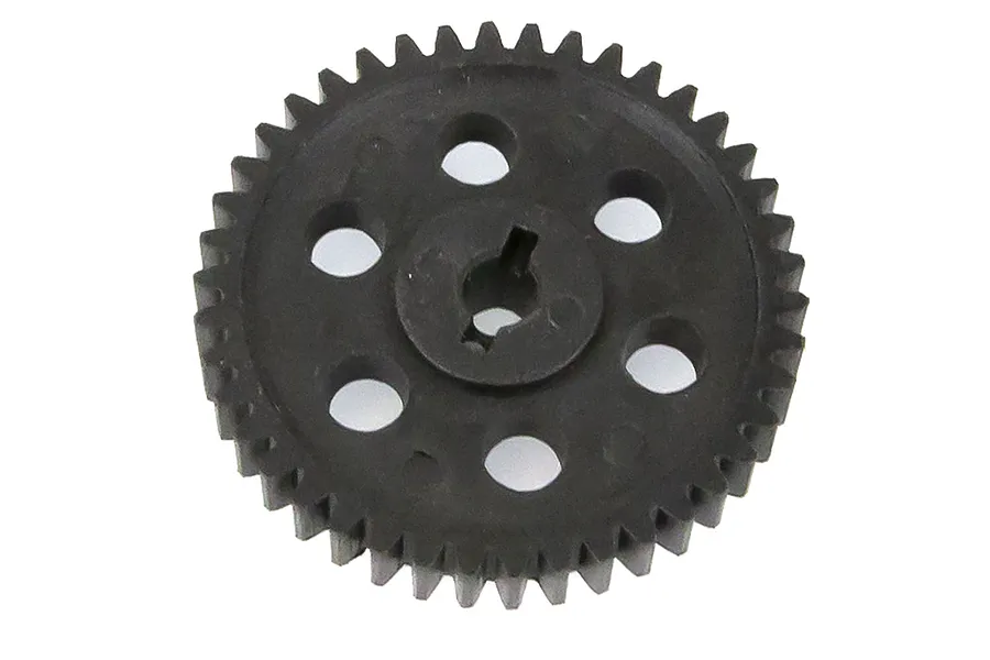 A black plastic spur gear for an RC car, featuring a central keyed hole and six circular weight-reduction holes.