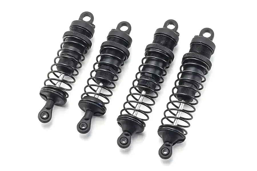 Four black RC car shock absorbers with coil springs arranged in a row against a white background.